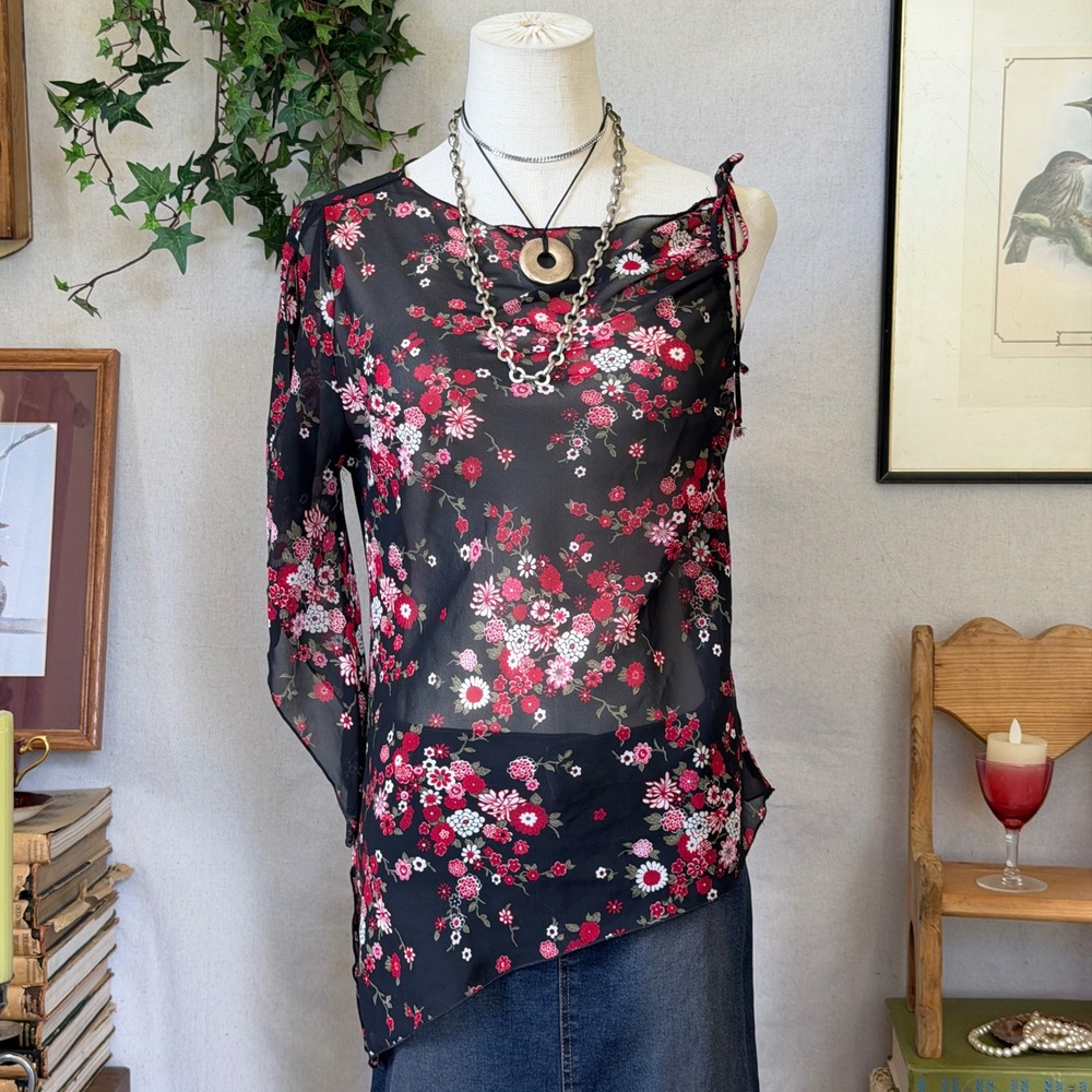 Black Floral Sheer Top One Shoulder Whimsygoth Dark Romantic M Girly Grunge